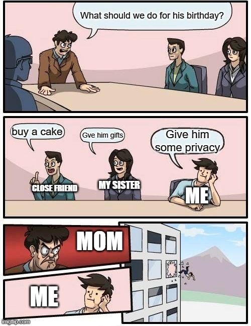 Average Latino familly | What should we do for his birthday? buy a cake; Gve him gifts; Give him some privacy; MY SISTER; CLOSE FRIEND; ME; MOM; ME | image tagged in memes,boardroom meeting suggestion | made w/ Imgflip meme maker