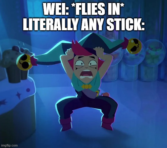 Only those who watched Chop Chop will understand | WEI: *FLIES IN*
LITERALLY ANY STICK: | image tagged in scared chester,the lingo show,cbeebies | made w/ Imgflip meme maker