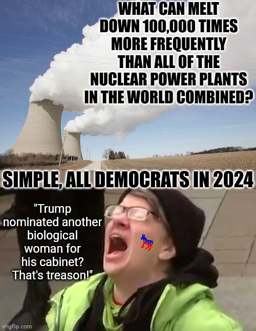 Democrats make Chernobyl's RBMK reactor look stable! | WHAT CAN MELT DOWN 100,000 TIMES MORE FREQUENTLY THAN ALL OF THE NUCLEAR POWER PLANTS IN THE WORLD COMBINED? SIMPLE, ALL DEMOCRATS IN 2024; "Trump nominated another biological woman for his cabinet? That's treason!" | image tagged in nuclear power plant,screaming liberal,calm down,i'm tired of pretending it's not,stupid people,elections | made w/ Imgflip meme maker