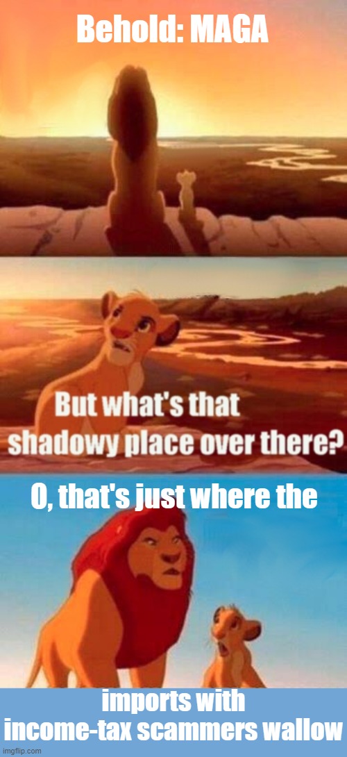 It's Just a Paradigm Shift | Behold: MAGA; O, that's just where the; imports with income-tax scammers wallow | image tagged in memes,simba shadowy place | made w/ Imgflip meme maker