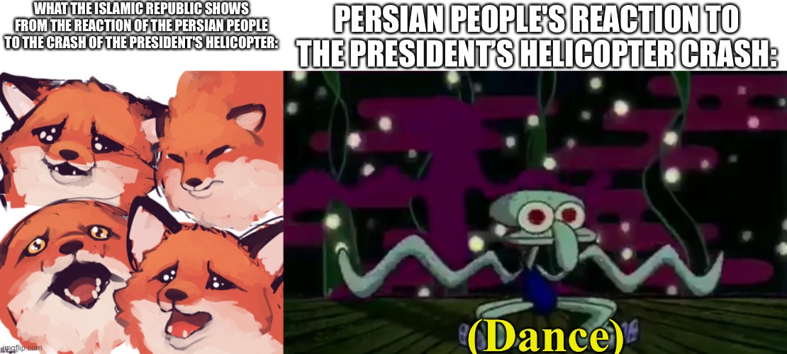 WHAT THE ISLAMIC REPUBLIC SHOWS FROM THE REACTION OF THE PERSIAN PEOPLE TO THE CRASH OF THE PRESIDENT'S HELICOPTER: PERSIAN PEOPLE'S REACTIO | image tagged in squidward meme | made w/ Imgflip meme maker