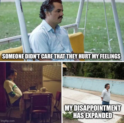 Today was depressing | SOMEONE DIDN’T CARE THAT THEY HURT MY FEELINGS; MY DISAPPOINTMENT HAS EXPANDED | image tagged in memes,sad pablo escobar | made w/ Imgflip meme maker