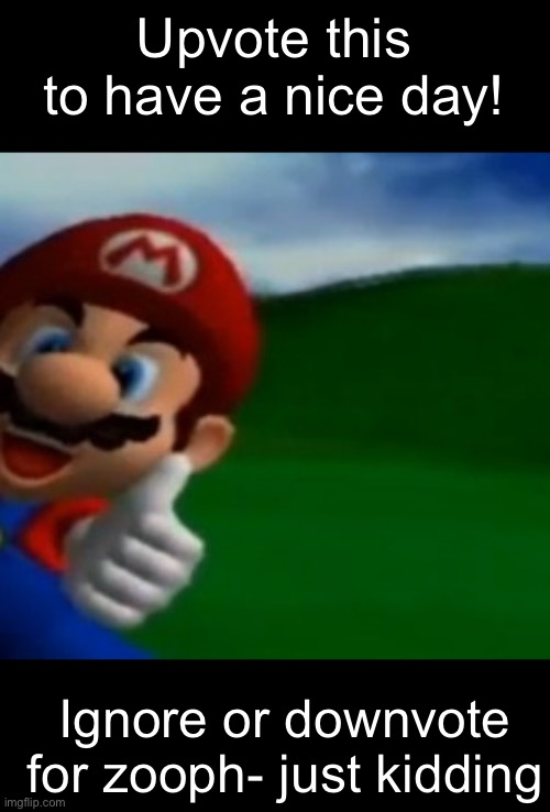 Mario Thumbs Up | Upvote this to have a nice day! Ignore or downvote for zooph- just kidding | image tagged in mario thumbs up | made w/ Imgflip meme maker