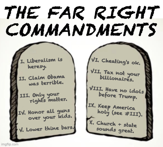 Let's get this Newest Testament on paper as it happens. | THE FAR RIGHT
COMMANDMENTS; VI. Cheating's ok.
 

VII. Tax not your
    billionaires.
 
VIII. Have no idols
    before Trump.
 
IX. Keep America
    holy (see #III).
 
 X. Church + state
    sounds great. I. Liberalism is
     heresy.
 
 II. Claim Obama
     was terrible.
 
 III. Only your
     rights matter.
 
IV. Honor all guns
    over your kids.
 
V. Lower thine bars. | image tagged in memes,far right commandments,king donald version | made w/ Imgflip meme maker