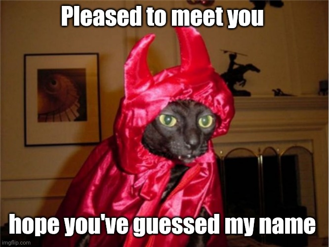 But what's puzzling you is the nature of my game | Pleased to meet you; hope you've guessed my name | image tagged in devil cat,songs,rolling stones | made w/ Imgflip meme maker