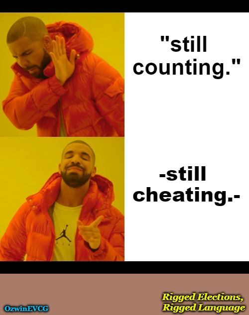 RE, RL | "still 

counting."; -still 

cheating.-; Rigged Elections, 

Rigged Language; OzwinEVCG | image tagged in memes,drake hotline bling,rigged elections,night of the living democrats,government corruption,real talk | made w/ Imgflip meme maker