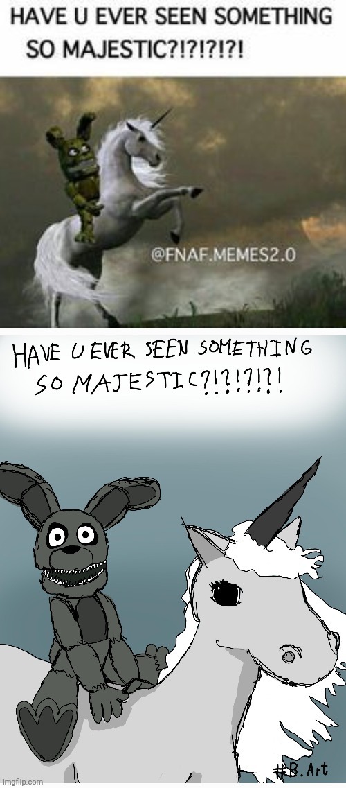 Have you ever seen something so majestic?!?!?!?! (Art by me) | image tagged in fnaf,plush,trap,riding,unicorn,digital art | made w/ Imgflip meme maker