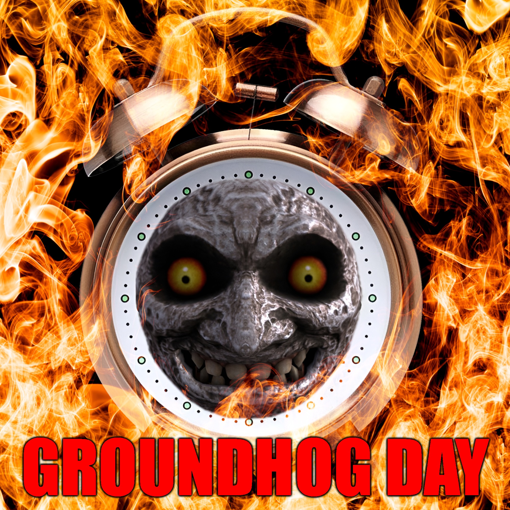 Groundhog Day | GROUNDHOG DAY | image tagged in groundhog day,majora's mask,fire,moon,alarm clock | made w/ Imgflip meme maker