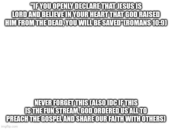 Share this with others who dont know how to (somewhat) get into heaven | "IF YOU OPENLY DECLARE THAT JESUS IS LORD AND BELIEVE IN YOUR HEART THAT GOD RAISED HIM FROM THE DEAD, YOU WILL BE SAVED"(ROMANS 10:9); NEVER FORGET THIS (ALSO IDC IF THIS IS THE FUN STREAM, GOD ORDERED US ALL TO PREACH THE GOSPEL AND SHARE OUR FAITH WITH OTHERS) | image tagged in christianity,god is love,faith | made w/ Imgflip meme maker