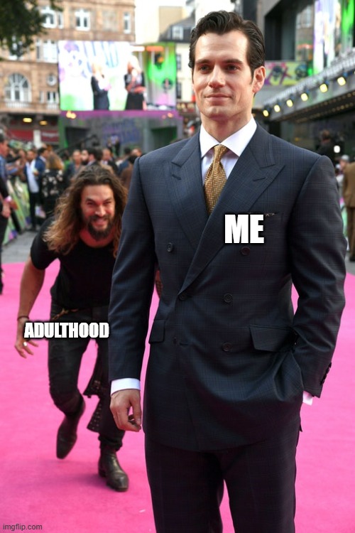 Jason Momoa Henry Cavill Meme | ME; ADULTHOOD | image tagged in jason momoa henry cavill meme | made w/ Imgflip meme maker