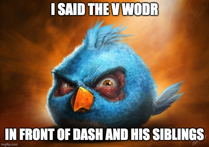 its verde, which is a slur to people like them! | I SAID THE V WODR; IN FRONT OF DASH AND HIS SIBLINGS | image tagged in angry birds blue,memes,funny,smg4,fanlore,dash | made w/ Imgflip meme maker