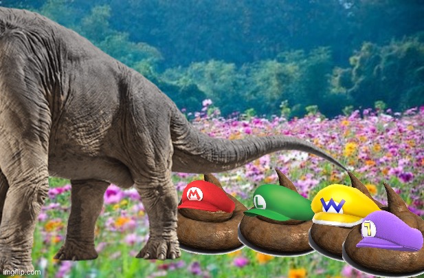 Wario and Friends dies by being pooped on by a Provoked Brachiosaurus | image tagged in wario dies,wario,waluigi,mario,luigi,dinosaur | made w/ Imgflip meme maker