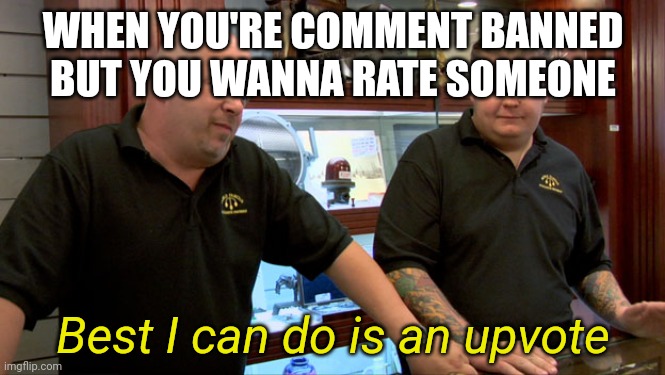 And yes I mean rate, not a typo | WHEN YOU'RE COMMENT BANNED BUT YOU WANNA RATE SOMEONE; Best I can do is an upvote | image tagged in pawn stars best i can do | made w/ Imgflip meme maker