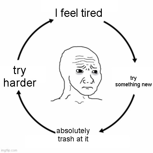 Sad wojak cycle | I feel tired; try something new; try harder; absolutely trash at it | image tagged in sad wojak cycle | made w/ Imgflip meme maker