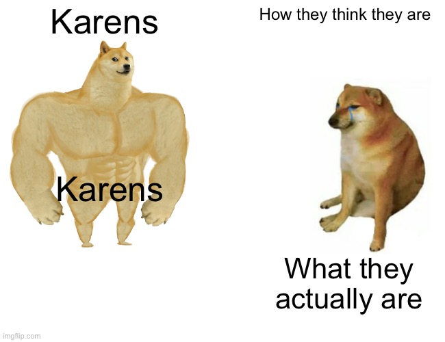 Buff Doge vs. Cheems | Karens; How they think they are; Karens; What they actually are | image tagged in memes,buff doge vs cheems | made w/ Imgflip meme maker