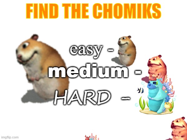 find the chomiks | FIND THE CHOMIKS; easy -; medium -; HARD - | image tagged in hampter | made w/ Imgflip meme maker