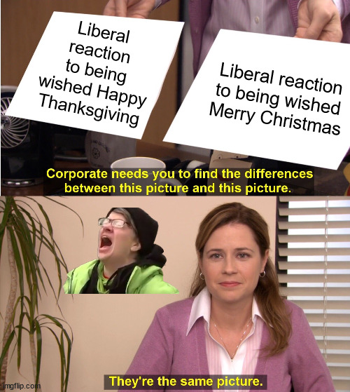 They're the same picture | Liberal reaction to being wished Happy Thanksgiving; Liberal reaction to being wished Merry Christmas | image tagged in memes,they're the same picture | made w/ Imgflip meme maker