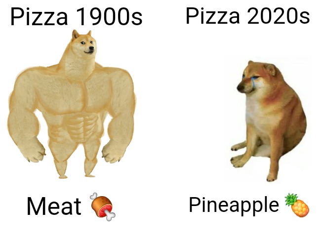 Buff Doge vs. Cheems | Pizza 1900s; Pizza 2020s; Pineapple 🍍; Meat 🍖 | image tagged in memes,buff doge vs cheems,slavic | made w/ Imgflip meme maker