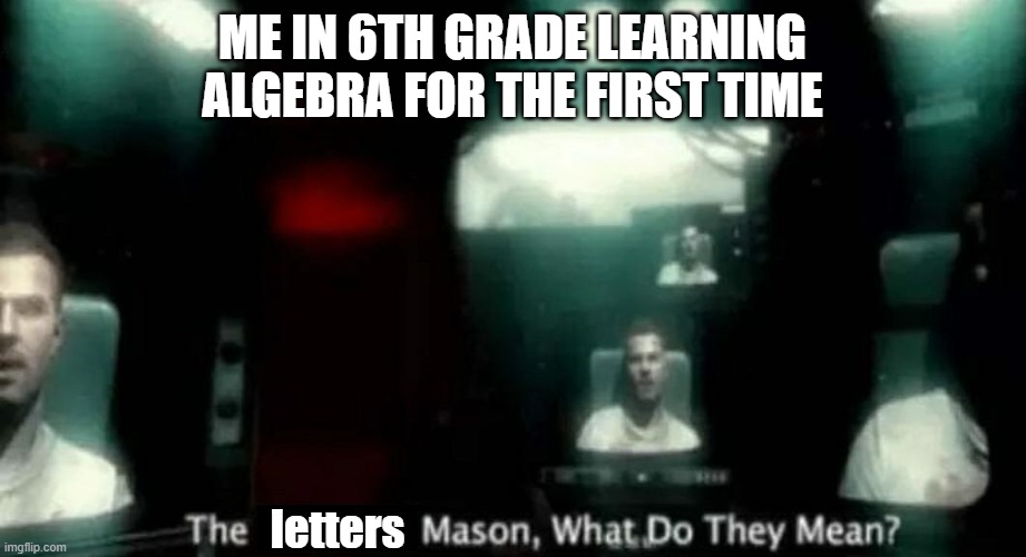 Learning Algebra be like | ME IN 6TH GRADE LEARNING ALGEBRA FOR THE FIRST TIME; letters | image tagged in the numbers mason what do they mean,the letters mason what do they mean | made w/ Imgflip meme maker