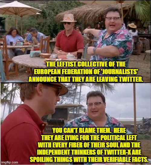 What a difference the truth makes.  It's like spraying leftist cockroaches with RAID. | THE LEFTIST COLLECTIVE OF THE EUROPEAN FEDERATION OF 'JOURNALISTS' ANNOUNCE THAT THEY ARE LEAVING TWITTER. YOU CAN'T BLAME THEM.  HERE THEY ARE LYING FOR THE POLITICAL LEFT WITH EVERY FIBER OF THEIR SOUL AND THE INDEPENDENT THINKERS OF TWITTER-X ARE SPOILING THINGS WITH THEIR VERIFIABLE FACTS. | image tagged in yep | made w/ Imgflip meme maker