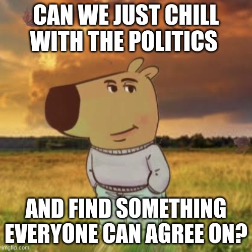 we don't always have to be arguing. | CAN WE JUST CHILL WITH THE POLITICS; AND FIND SOMETHING EVERYONE CAN AGREE ON? | image tagged in chill guy,politics | made w/ Imgflip meme maker