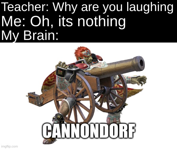 Fox! Falco! ICE CLIMBERS!!! Yoshi! Ness! Bowser! Marioo :D! ɢᴀɴᴏɴᴅᴏʀғ. | Teacher: Why are you laughing; Me: Oh, its nothing; My Brain:; CANNONDORF | image tagged in honey whats wrong,nothing,my brain,cannondorf | made w/ Imgflip meme maker