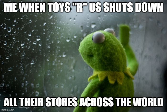 a part of my childhood | ME WHEN TOYS "R" US SHUTS DOWN; ALL THEIR STORES ACROSS THE WORLD | image tagged in kermit window,toys r us | made w/ Imgflip meme maker