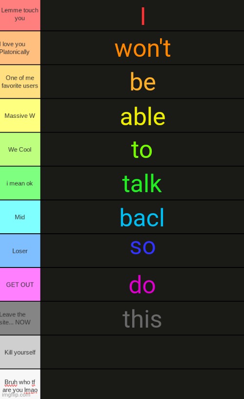 Comment banned for 2 hours longer | I; won't; be; able; to; talk; bacl; so; do; this | image tagged in ultimate tierlist made by republic of texas | made w/ Imgflip meme maker