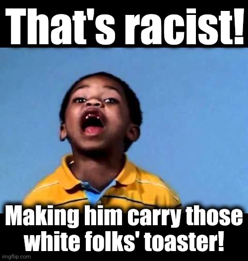 That's racist 2 | That's racist! Making him carry those
white folks' toaster! | image tagged in that's racist 2 | made w/ Imgflip meme maker