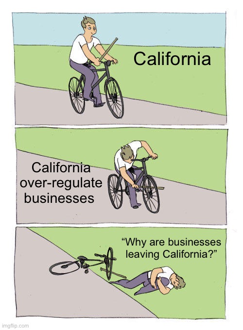 Bike Fall | California; California over-regulate businesses; “Why are businesses leaving California?” | image tagged in memes,bike fall,politics,political meme | made w/ Imgflip meme maker