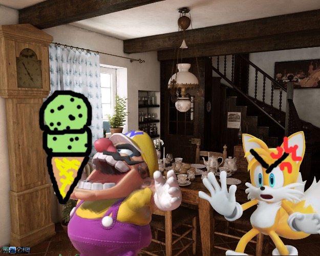 Wario dies by stealing and eating Tails's mint chocolate chip ice cream cone | image tagged in living room,wario dies,sonic the hedgehog,tails the fox,crossover,wario | made w/ Imgflip meme maker