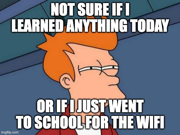 True | NOT SURE IF I LEARNED ANYTHING TODAY; OR IF I JUST WENT TO SCHOOL FOR THE WIFI | image tagged in memes,futurama fry | made w/ Imgflip meme maker