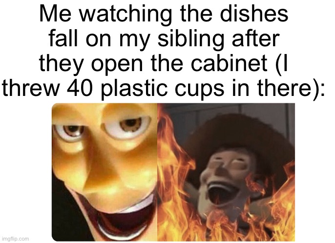 I mean, they had it coming. | Me watching the dishes fall on my sibling after they open the cabinet (I threw 40 plastic cups in there): | image tagged in satanic woody,siblings,prank,dishes | made w/ Imgflip meme maker