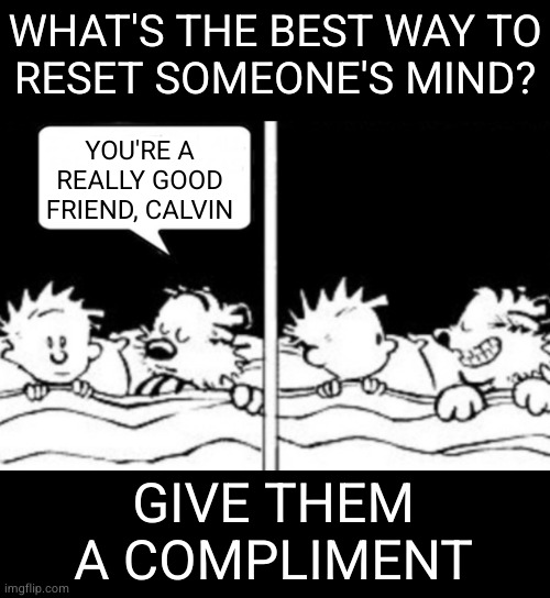 Diabolical idea | WHAT'S THE BEST WAY TO
RESET SOMEONE'S MIND? YOU'RE A REALLY GOOD FRIEND, CALVIN; GIVE THEM A COMPLIMENT | image tagged in diabolical idea | made w/ Imgflip meme maker