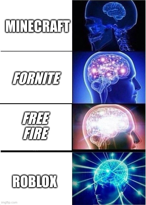 FORNITE FREE FIRE MINECRAFT ROBLOX | image tagged in memes,expanding brain | made w/ Imgflip meme maker