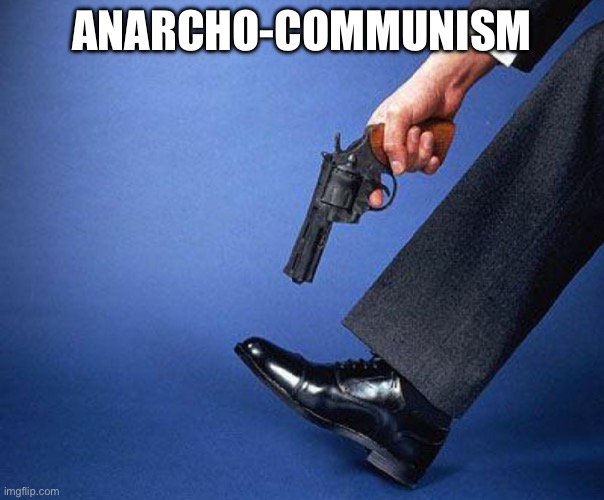 Shooting self in foot | ANARCHO-COMMUNISM | image tagged in shooting self in foot | made w/ Imgflip meme maker