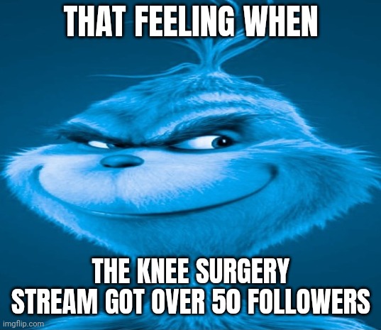 Blue Grinch | THAT FEELING WHEN; THE KNEE SURGERY STREAM GOT OVER 50 FOLLOWERS | image tagged in blue grinch | made w/ Imgflip meme maker