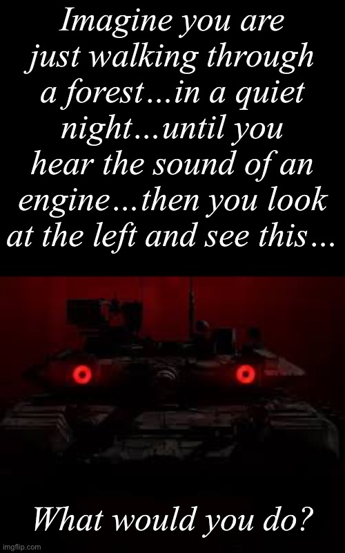 What would you do if this happened? | Imagine you are just walking through a forest…in a quiet night…until you hear the sound of an engine…then you look at the left and see this…; What would you do? | image tagged in msmg,tanks | made w/ Imgflip meme maker