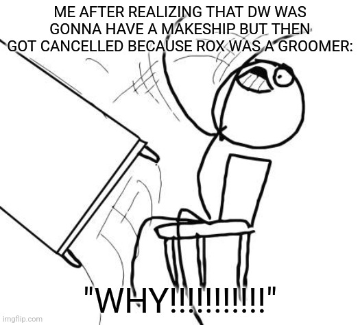 Thanks a lot Rox...... | ME AFTER REALIZING THAT DW WAS GONNA HAVE A MAKESHIP BUT THEN GOT CANCELLED BECAUSE ROX WAS A GROOMER:; "WHY!!!!!!!!!!!" | image tagged in memes,table flip guy,roblox,roblox meme,funny memes,funny | made w/ Imgflip meme maker