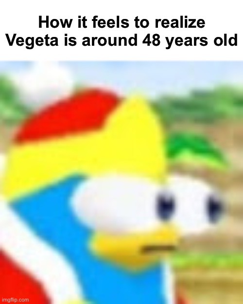 He’s 48 as you can see the marking on his hairline | How it feels to realize Vegeta is around 48 years old | image tagged in dedede bulging his eyes out,anime | made w/ Imgflip meme maker