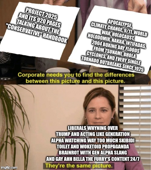 People who don't know what "project 2025" is about are being like liberals amiright?? | APOCALYPSE, CLIMATE CHANGE, 9/11, WORLD WAR, HOLOCAUST, HOLODOMIR, NAKBA, INTIFADAS, 2004 BOXING DAY FLOODS FROM TSUNAMI, BHOLA CYCLONES, AND EVERY SINGLE TORNADO OUTBREAKS SINCE 1925; PROJECT 2025 AND ITS 920 PAGES TALKING ABOUT THE "CONSERVATIVE" HANDBOOK; LIBERALS WHYNING OVER TRUMP AND ACTING LIKE GENERATION ALPHA WATCHING WAY TOO MUCH SKIBIDI TOILET AND WOKETOID PROPAGANDA BRAINROT WITH GEN ALPHA SLANG AND GAY AHH BELLA THE FURRY'S CONTENT 24/7 | image tagged in they re the same thing | made w/ Imgflip meme maker