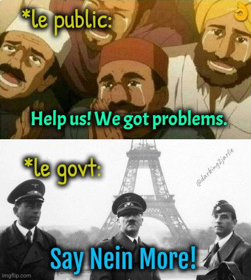 there's Final solution to every problem. | *le public:; Help us! We got problems. @darking2jarlie; *le govt:; Say Nein More! | image tagged in hitler | made w/ Imgflip meme maker