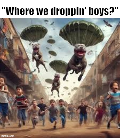 pitbulls | "Where we droppin' boys?" | image tagged in pitbulls | made w/ Imgflip meme maker