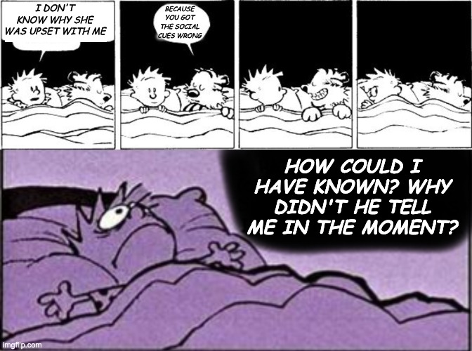 I DON'T KNOW WHY SHE WAS UPSET WITH ME BECAUSE YOU GOT THE SOCIAL CUES WRONG HOW COULD I HAVE KNOWN? WHY DIDN'T HE TELL ME IN THE MOMENT? | image tagged in bubble burster calvin and hobbes,horrible thought | made w/ Imgflip meme maker