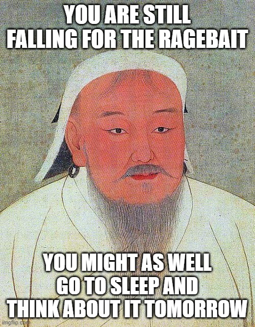 Genghis Khan Quote | YOU ARE STILL FALLING FOR THE RAGEBAIT YOU MIGHT AS WELL GO TO SLEEP AND THINK ABOUT IT TOMORROW | image tagged in genghis khan quote | made w/ Imgflip meme maker