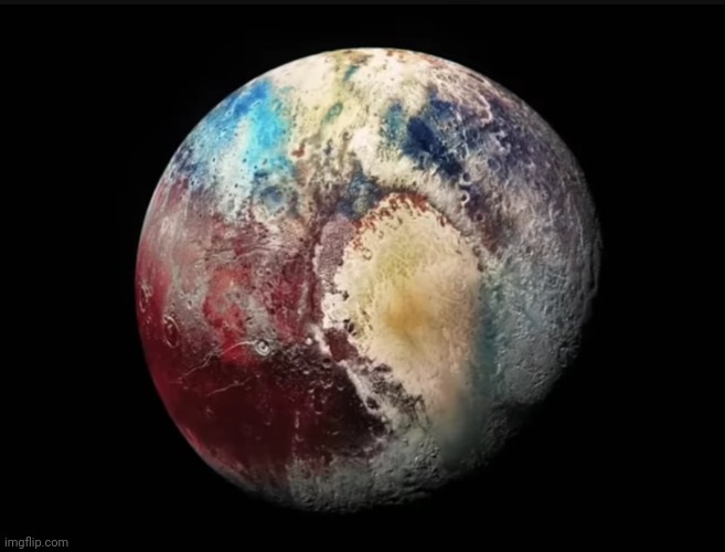 Pluto: combine image of blue, red, and infrared images taken from Horizon spacecraft | made w/ Imgflip meme maker