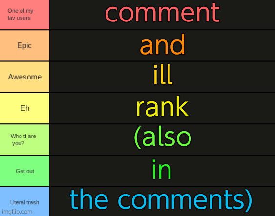 JPSpino's tier list | comment; and; ill; rank; (also; in; the comments) | image tagged in jpspino's tier list | made w/ Imgflip meme maker