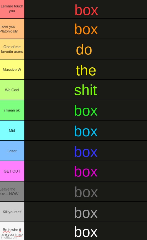 and no. i do not mean fuck the shit | box; box; do; the; shit; box; box; box; box; box; box; box | image tagged in ultimate tierlist made by republic of texas | made w/ Imgflip meme maker