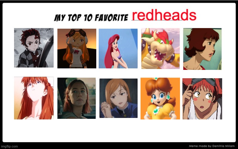 top 10 favorite redheads | image tagged in top 10 favorite redheads,redheads,anime,cartoons,lady bird,super mario bros | made w/ Imgflip meme maker