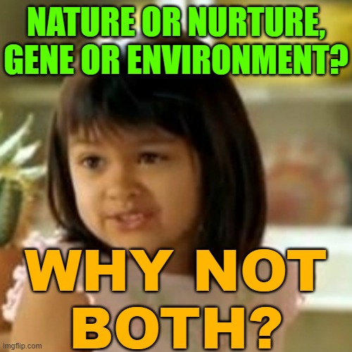 Genes And Environments | NATURE OR NURTURE, GENE OR ENVIRONMENT? WHY NOT
BOTH? | image tagged in why not both,genetics,dna,human evolution,evolution,science | made w/ Imgflip meme maker